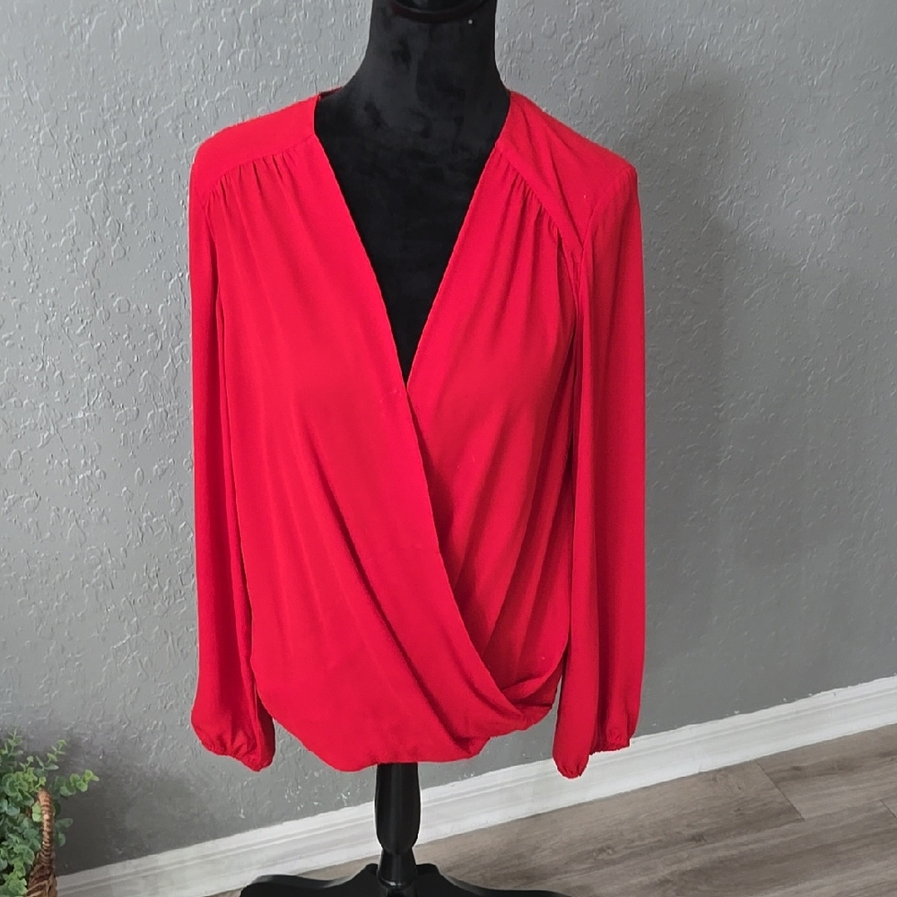 INC International Concepts Red Long Sleeve Wrap Blouse